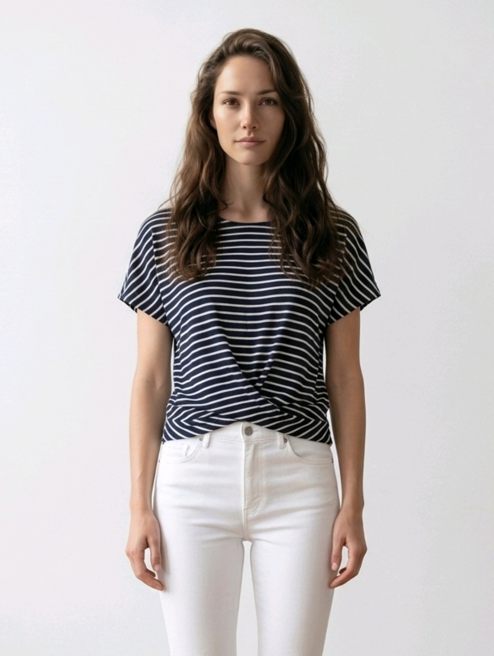 NWT Iz Byer Navy and Tan Striped Short Sleeve Top ~sz LARGE